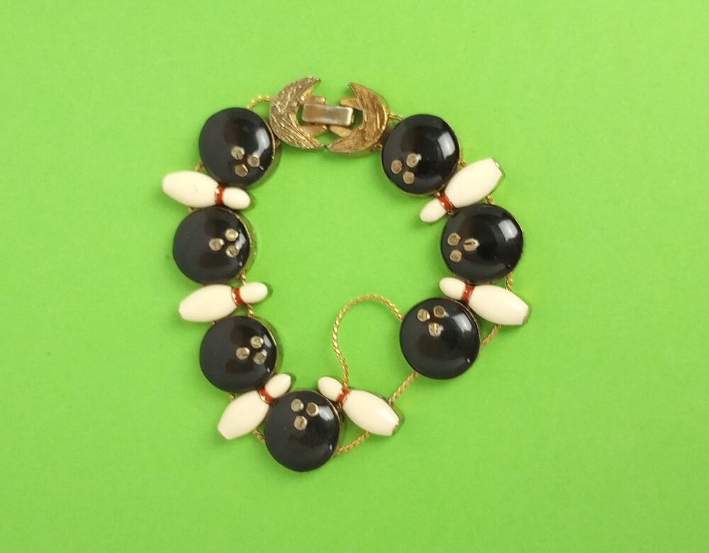 Vintage Bowling Pins & Balls Slider Bracelet Enamel Black White Gold Tone